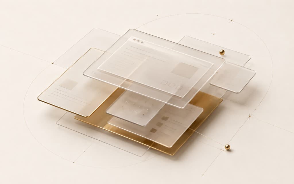Stacked translucent interface panels with brass accents