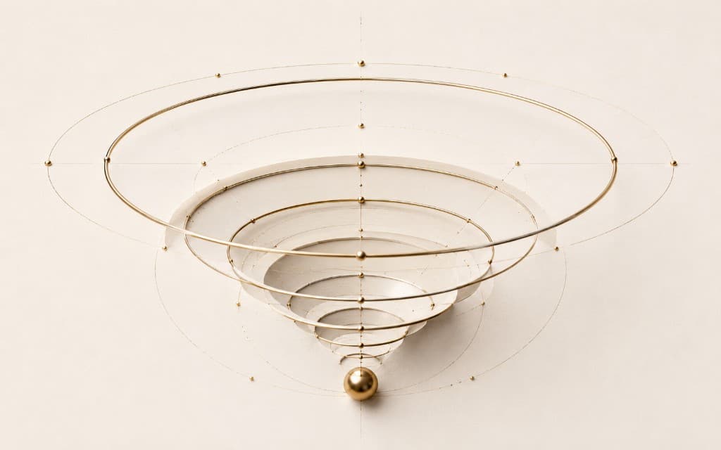 Brass funnel of concentric rings spiraling toward a sphere