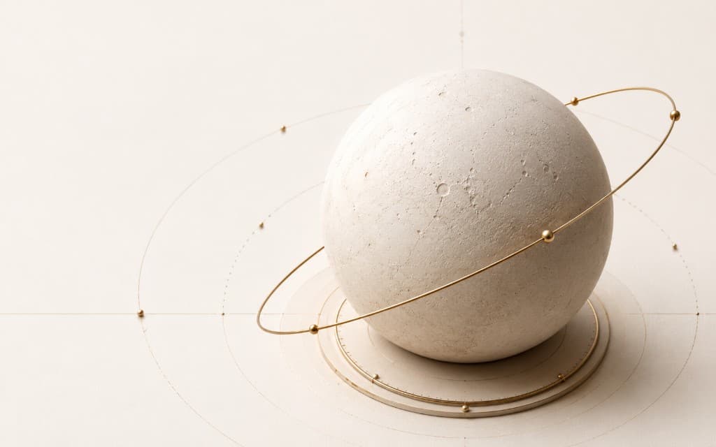 Lunar sphere with a brass orbital ring on ivory paper